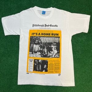 Vintage 90s Pittsburgh Steelers Here We Go Newspaper RARE Lrg T Shirt